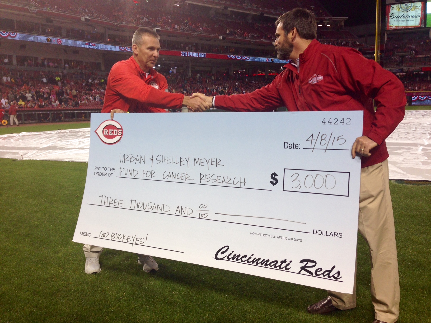 Cincinnati Reds Check Presentation with Urban Meyer